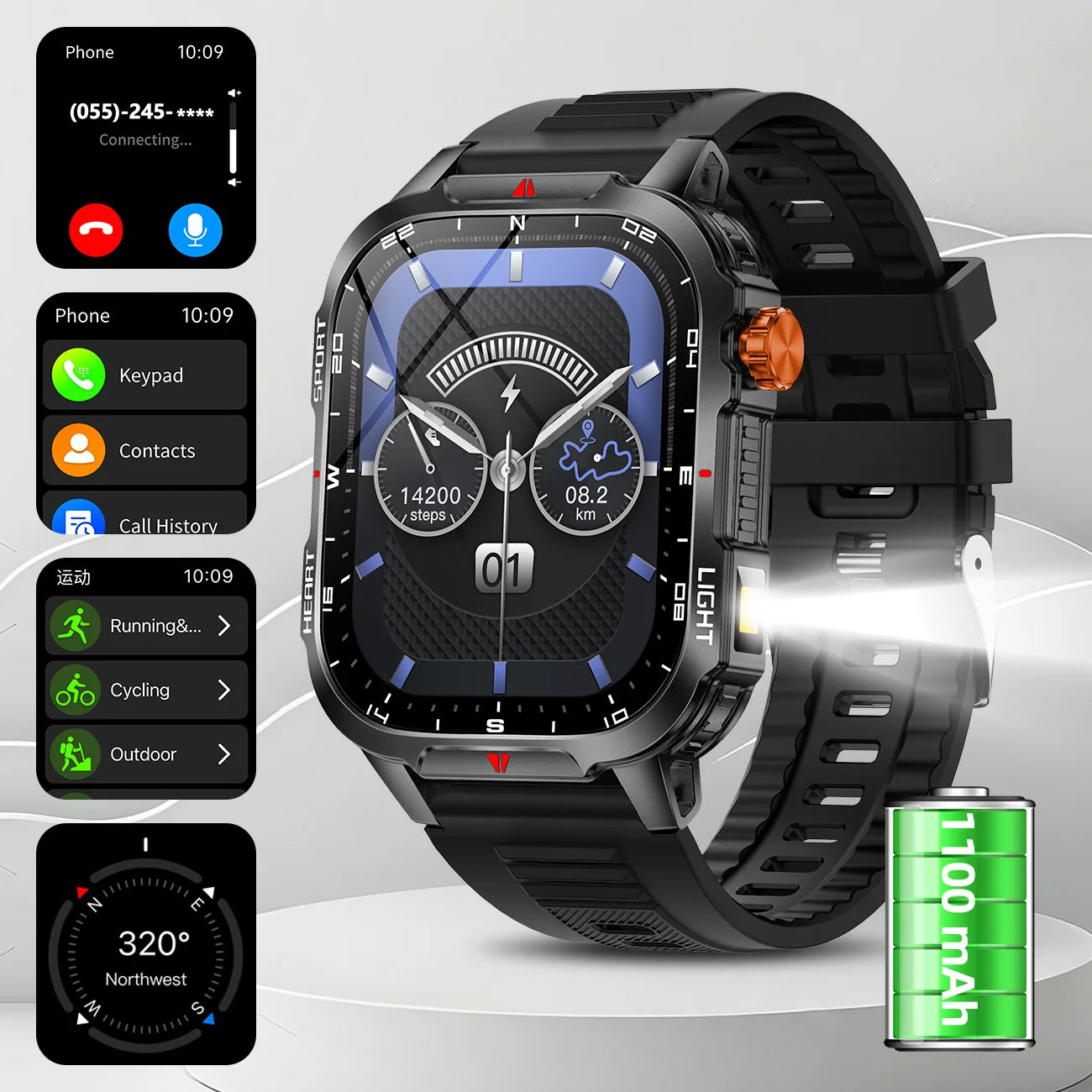 2025 Global Hiking Smartwatch 2.01''Screen 1100mAh Battery LED Light Compass IP68 Voice Assistant Outdoor Sport Fitness Watch