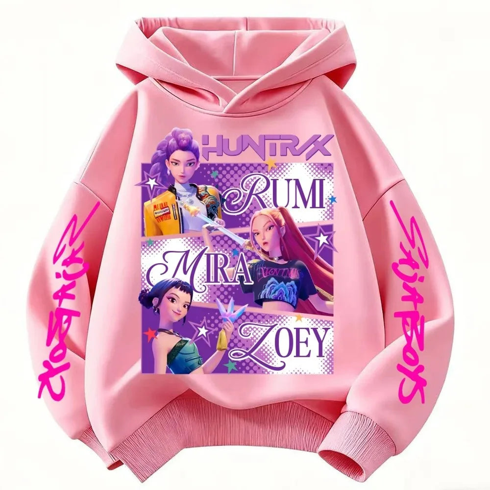 Anime Huntrx Three Girls Graphic Hoodies Kids Fashion Purple Pullover Sweatshirt For Girls