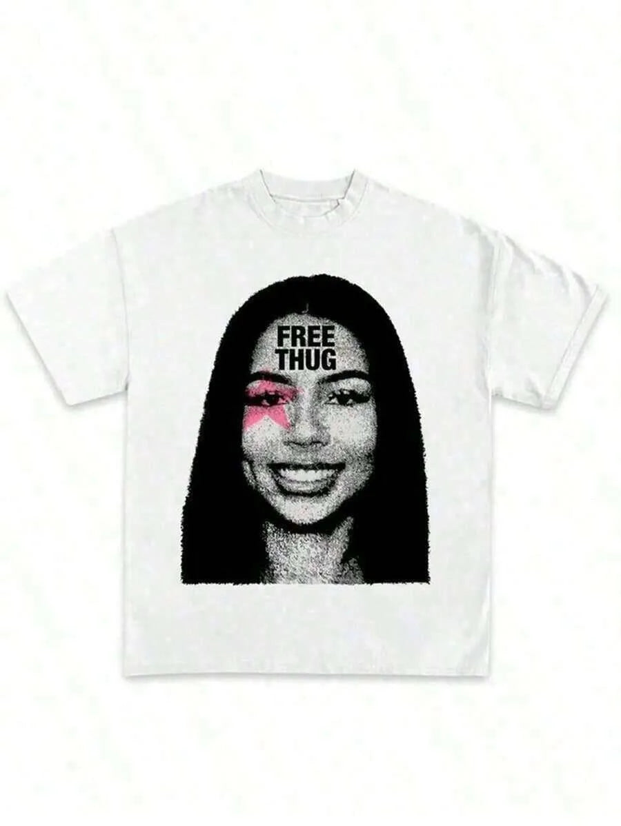 2026 Spring Summer Unisex Hip Hop Graphic Tee, Fashion New Arrival Clothing, Soft Cotton Crewneck Short Sleeve, Mariah Scientist Rapper Free Thugs Letter Print, Retro Rap Aesthetic Daily Casual Loungewear, Novelty Fan Gift To