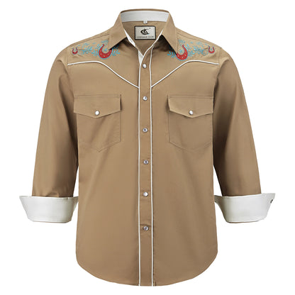 Men's Embroidered Western Cowboy Shirt Long Sleeve Regular Fit Casual Button Down Shirts with Pockets