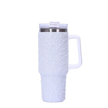 Cross-Border New 40oz Pearl Drill Car Cup Handle Portable Stainless Steel Thermos Water Cup for Household Garage 1-Year Warranty