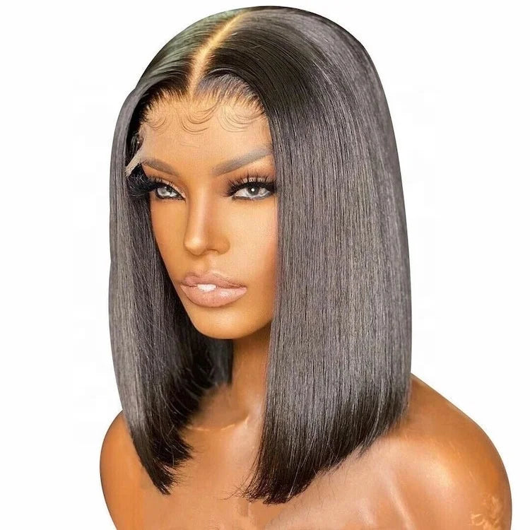 24-Inch Natural Color Glueless Brazilian Remy Hair Wigs Layered Silky Straight HD Lace Front Bob Wig 10 Inches