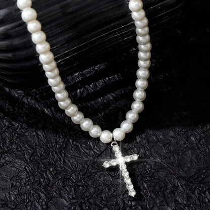 Titanium Faux Beaded Choker Necklace with Crystal Cross Pendant Religious Unisex Fashion Jewelry