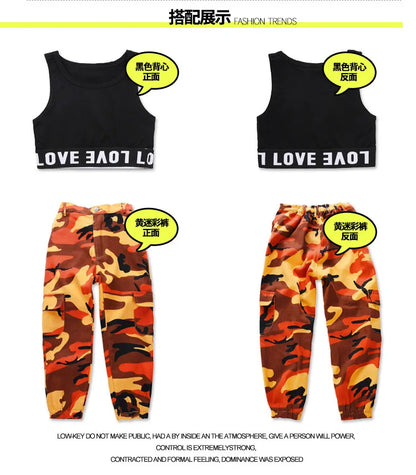 Wine Kid Hip Hop Clothing Camouflage Jogger Pants for Girls Jazz Dance Wear Costume Ballroom Dancing Clothes Stage Outfits Suit