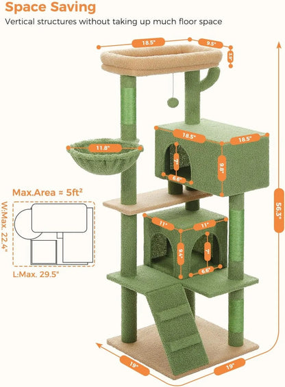56.2" Multi-Level Cat Tower for Indoor with Hammock and Scratching Posts and 2 Condos Houses