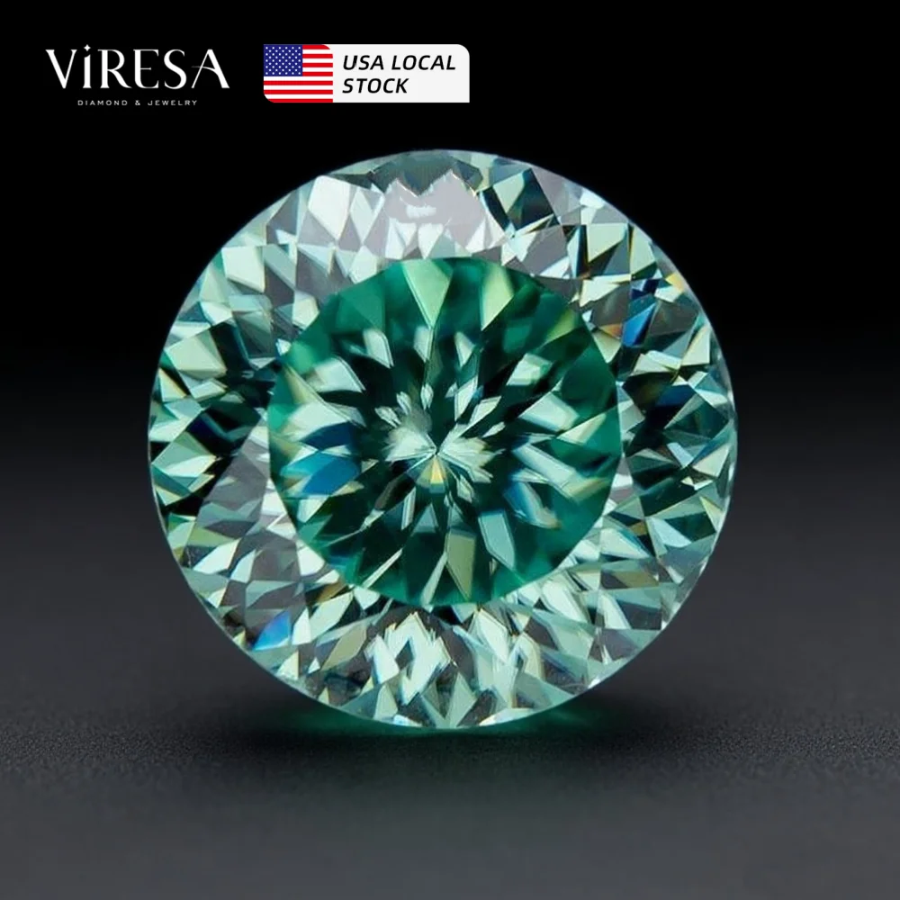 Viresa US Local Stock Moissanite With Certificate 2ct 8mm VVS Round Green Portuguese Cut Moissanite