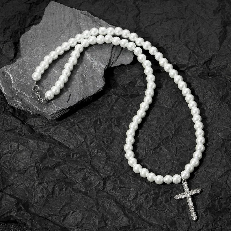 Titanium Faux Beaded Choker Necklace with Crystal Cross Pendant Religious Unisex Fashion Jewelry