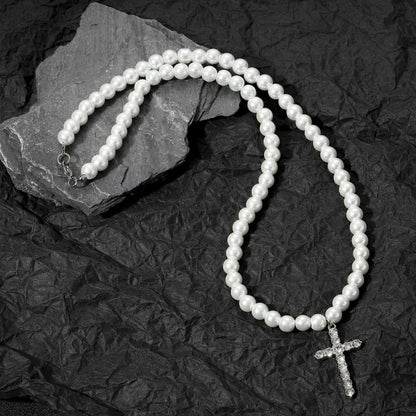 Titanium Faux Beaded Choker Necklace with Crystal Cross Pendant Religious Unisex Fashion Jewelry