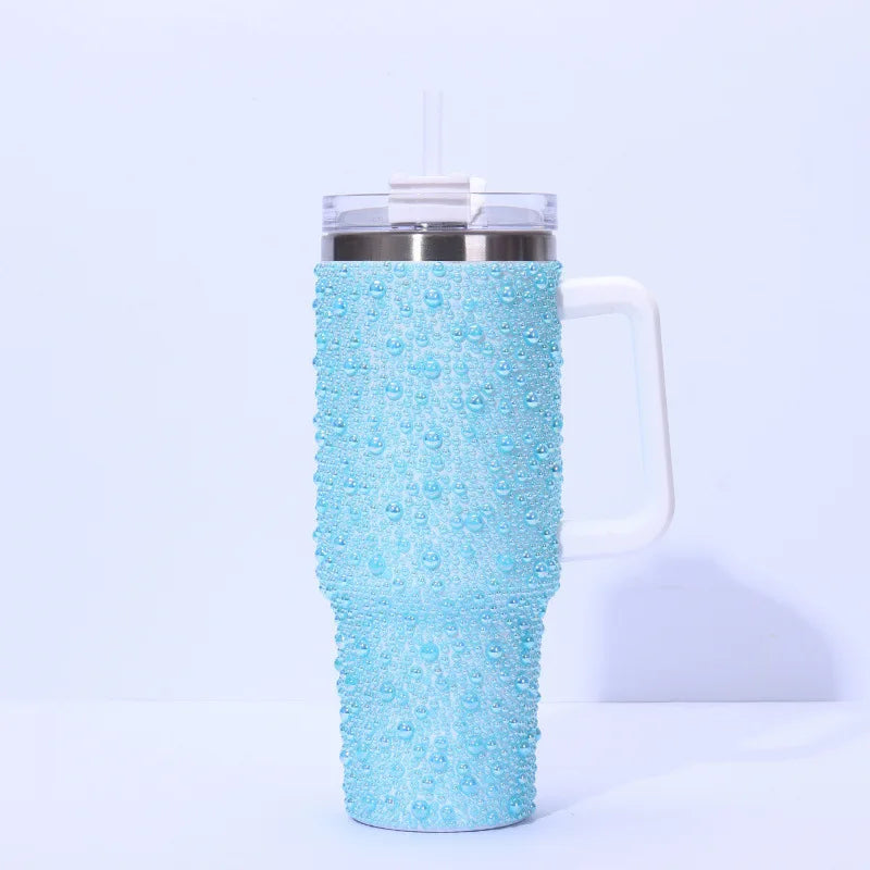 Cross-Border New 40oz Pearl Drill Car Cup Handle Portable Stainless Steel Thermos Water Cup for Household Garage 1-Year Warranty
