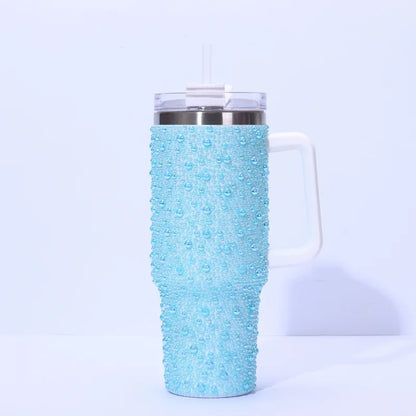 Cross-Border New 40oz Pearl Drill Car Cup Handle Portable Stainless Steel Thermos Water Cup for Household Garage 1-Year Warranty