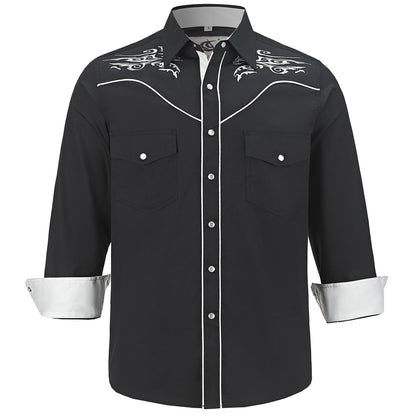 Men's Embroidered Western Cowboy Shirt Long Sleeve Regular Fit Casual Button Down Shirts with Pockets