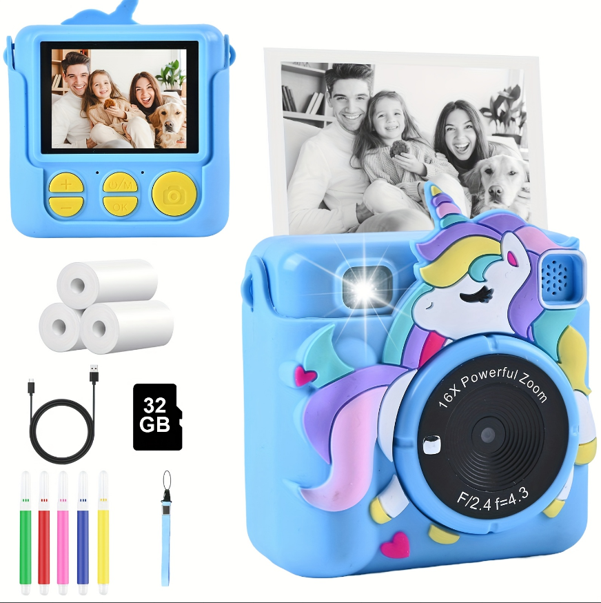 Kids Camera  Optical Zoom <10x Low Illumination Instant HD Mini Printer Children's Birthday Gift with a Casing and 32GB Card