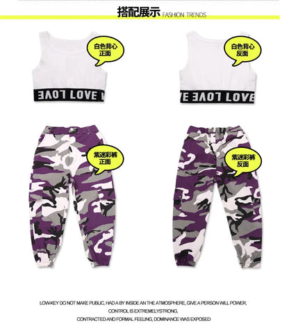 Wine Kid Hip Hop Clothing Camouflage Jogger Pants for Girls Jazz Dance Wear Costume Ballroom Dancing Clothes Stage Outfits Suit