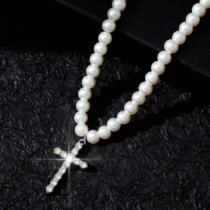 Titanium Faux Beaded Choker Necklace with Crystal Cross Pendant Religious Unisex Fashion Jewelry
