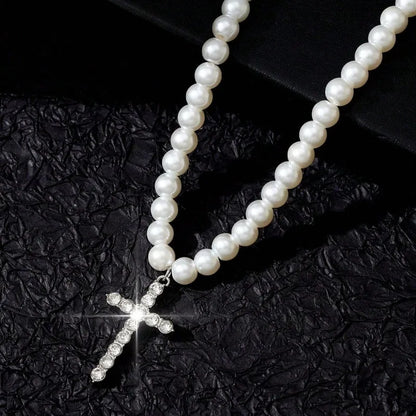 Titanium Faux Beaded Choker Necklace with Crystal Cross Pendant Religious Unisex Fashion Jewelry