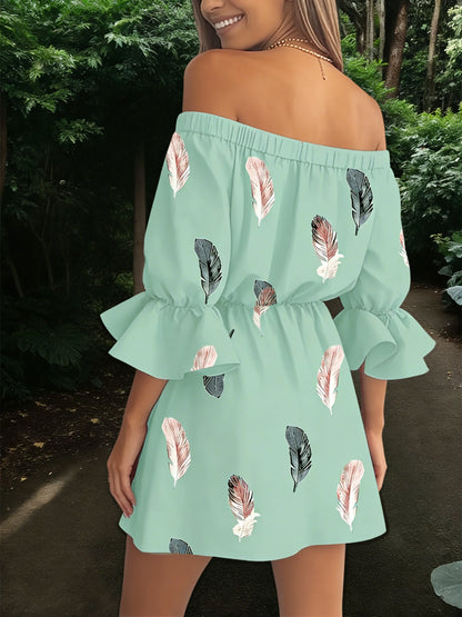 Off The Shoulder Chiffon Mini Dress With Feather Print Ruffle Sleeve Boho Loose Fit Summer Casual Dress