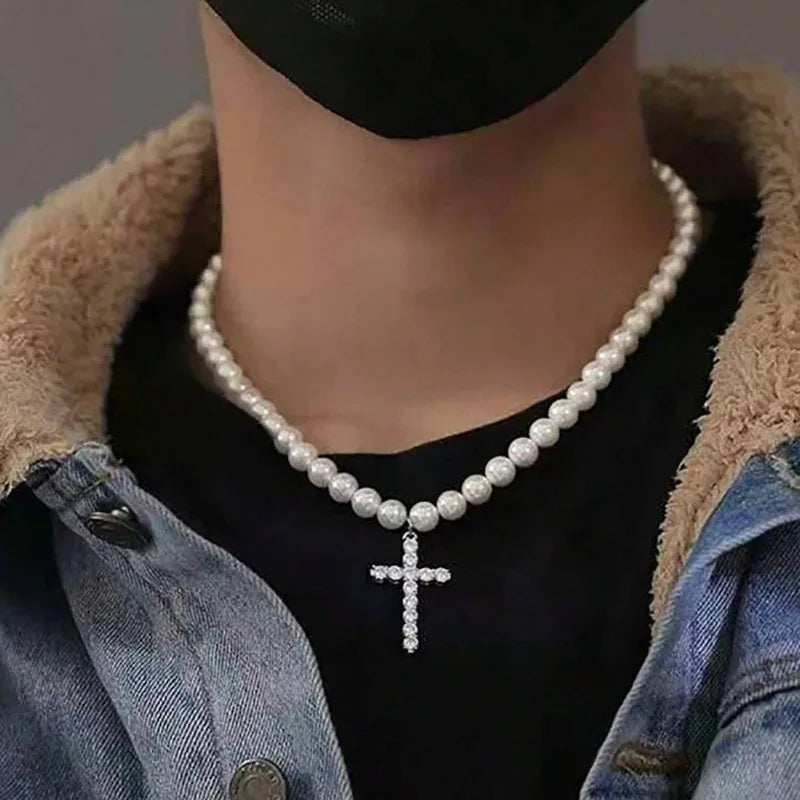 Titanium Faux Beaded Choker Necklace with Crystal Cross Pendant Religious Unisex Fashion Jewelry