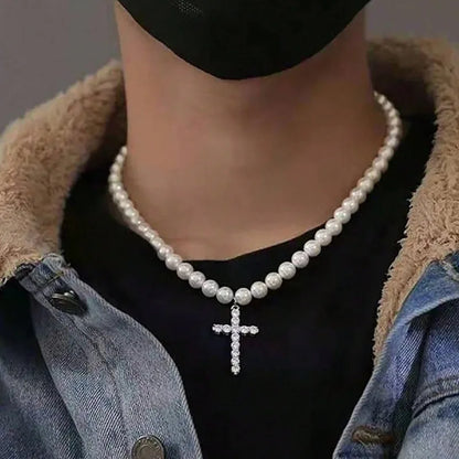 Titanium Faux Beaded Choker Necklace with Crystal Cross Pendant Religious Unisex Fashion Jewelry