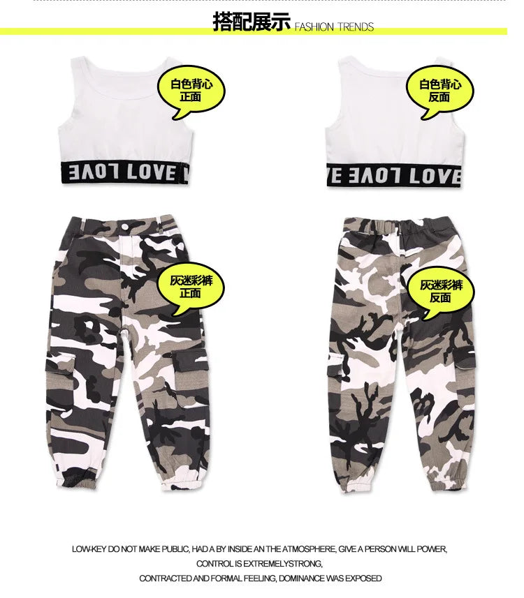 Wine Kid Hip Hop Clothing Camouflage Jogger Pants for Girls Jazz Dance Wear Costume Ballroom Dancing Clothes Stage Outfits Suit