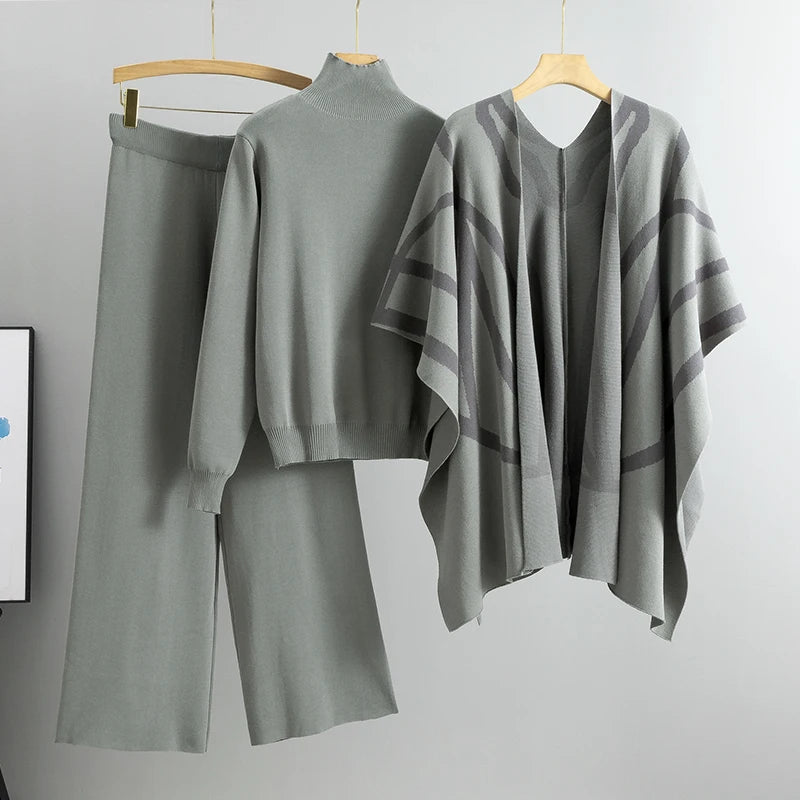 Wholesale Knitwear Women's Three-Piece Suit Temperament Socialite Cardigan Knitted Sweater Shawl Cape Wide Leg Pants Women's Set