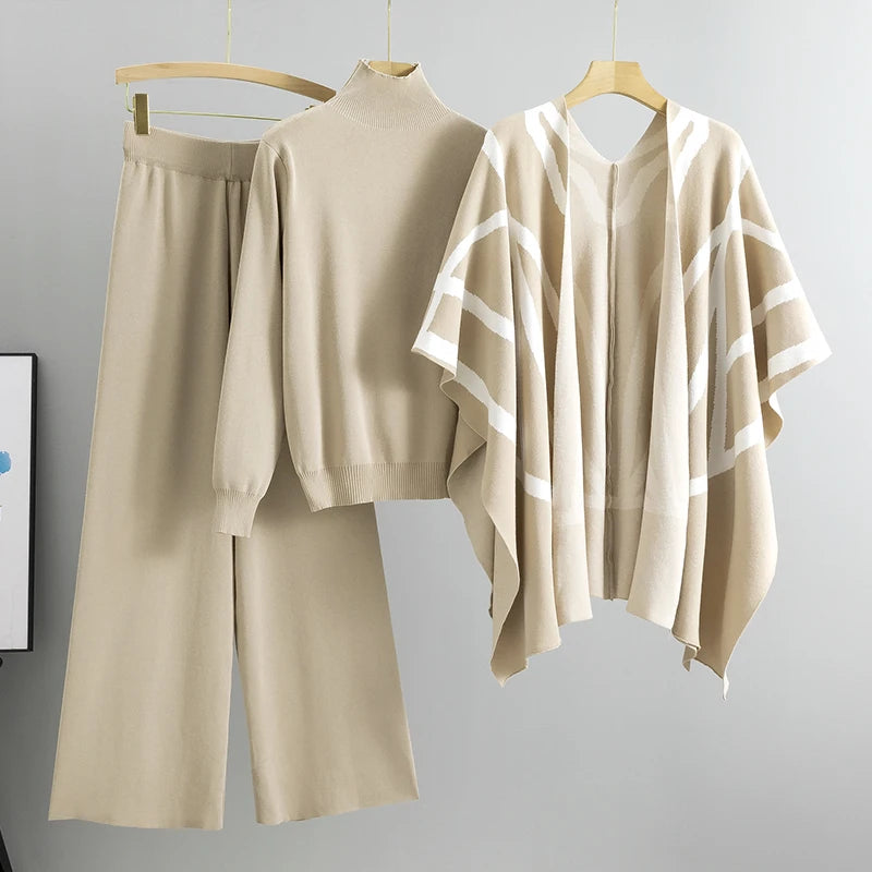 Wholesale Knitwear Women's Three-Piece Suit Temperament Socialite Cardigan Knitted Sweater Shawl Cape Wide Leg Pants Women's Set