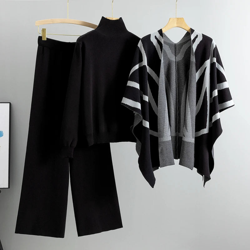 Wholesale Knitwear Women's Three-Piece Suit Temperament Socialite Cardigan Knitted Sweater Shawl Cape Wide Leg Pants Women's Set