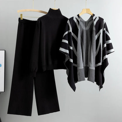 Wholesale Knitwear Women's Three-Piece Suit Temperament Socialite Cardigan Knitted Sweater Shawl Cape Wide Leg Pants Women's Set