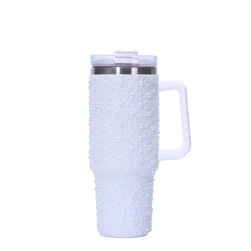 Cross-Border New 40oz Pearl Drill Car Cup Handle Portable Stainless Steel Thermos Water Cup for Household Garage 1-Year Warranty