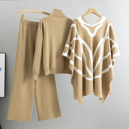 Wholesale Knitwear Women's Three-Piece Suit Temperament Socialite Cardigan Knitted Sweater Shawl Cape Wide Leg Pants Women's Set