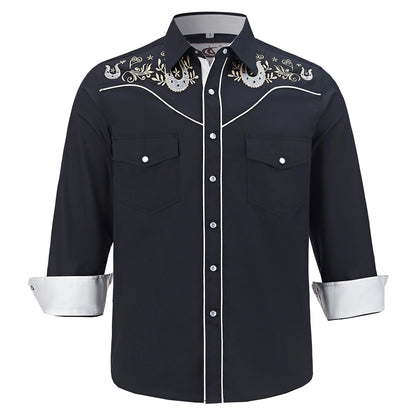 Men's Embroidered Western Cowboy Shirt Long Sleeve Regular Fit Casual Button Down Shirts with Pockets