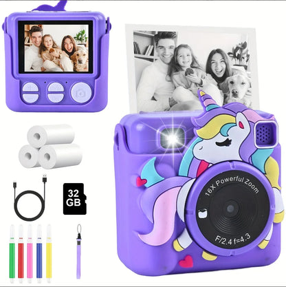Kids Camera  Optical Zoom <10x Low Illumination Instant HD Mini Printer Children's Birthday Gift with a Casing and 32GB Card