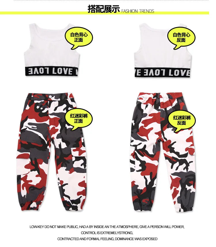 Wine Kid Hip Hop Clothing Camouflage Jogger Pants for Girls Jazz Dance Wear Costume Ballroom Dancing Clothes Stage Outfits Suit