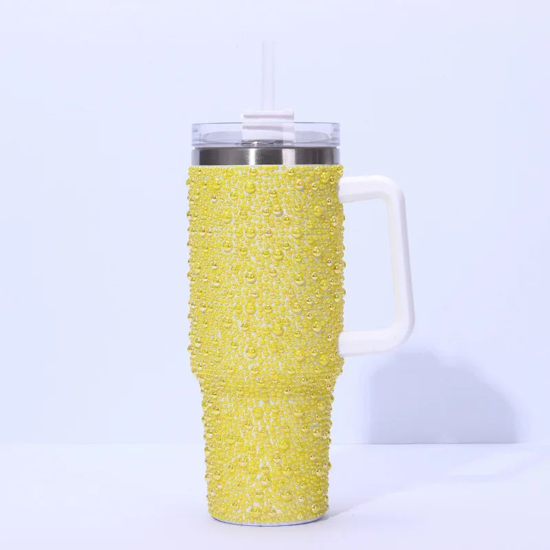 Cross-Border New 40oz Pearl Drill Car Cup Handle Portable Stainless Steel Thermos Water Cup for Household Garage 1-Year Warranty