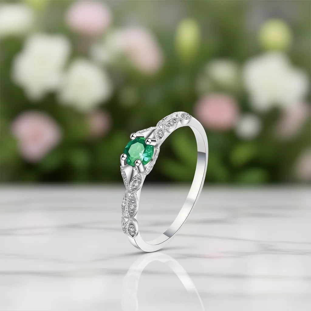 Emerald Gemstone Stainless Steel Ring Women Classic Prong Setting Round Stone Engagement Fashion May Birthstone Jewelry