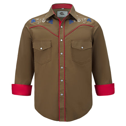 Men's Embroidered Western Cowboy Shirt Long Sleeve Regular Fit Casual Button Down Shirts with Pockets