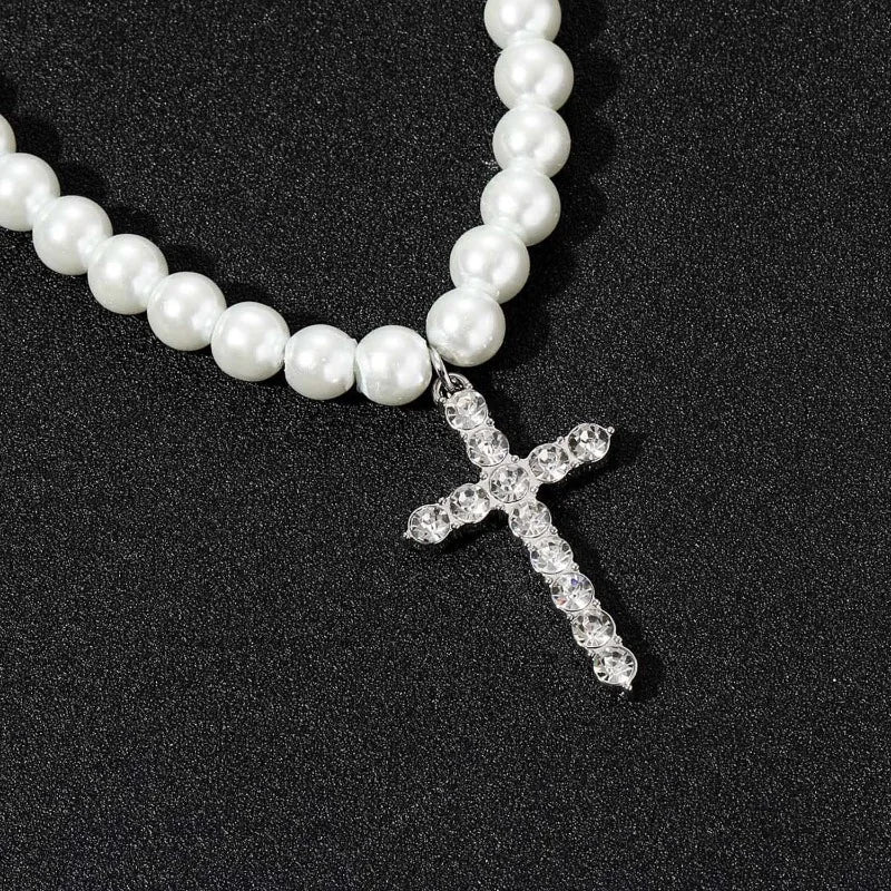 Titanium Faux Beaded Choker Necklace with Crystal Cross Pendant Religious Unisex Fashion Jewelry