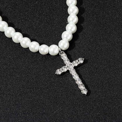 Titanium Faux Beaded Choker Necklace with Crystal Cross Pendant Religious Unisex Fashion Jewelry