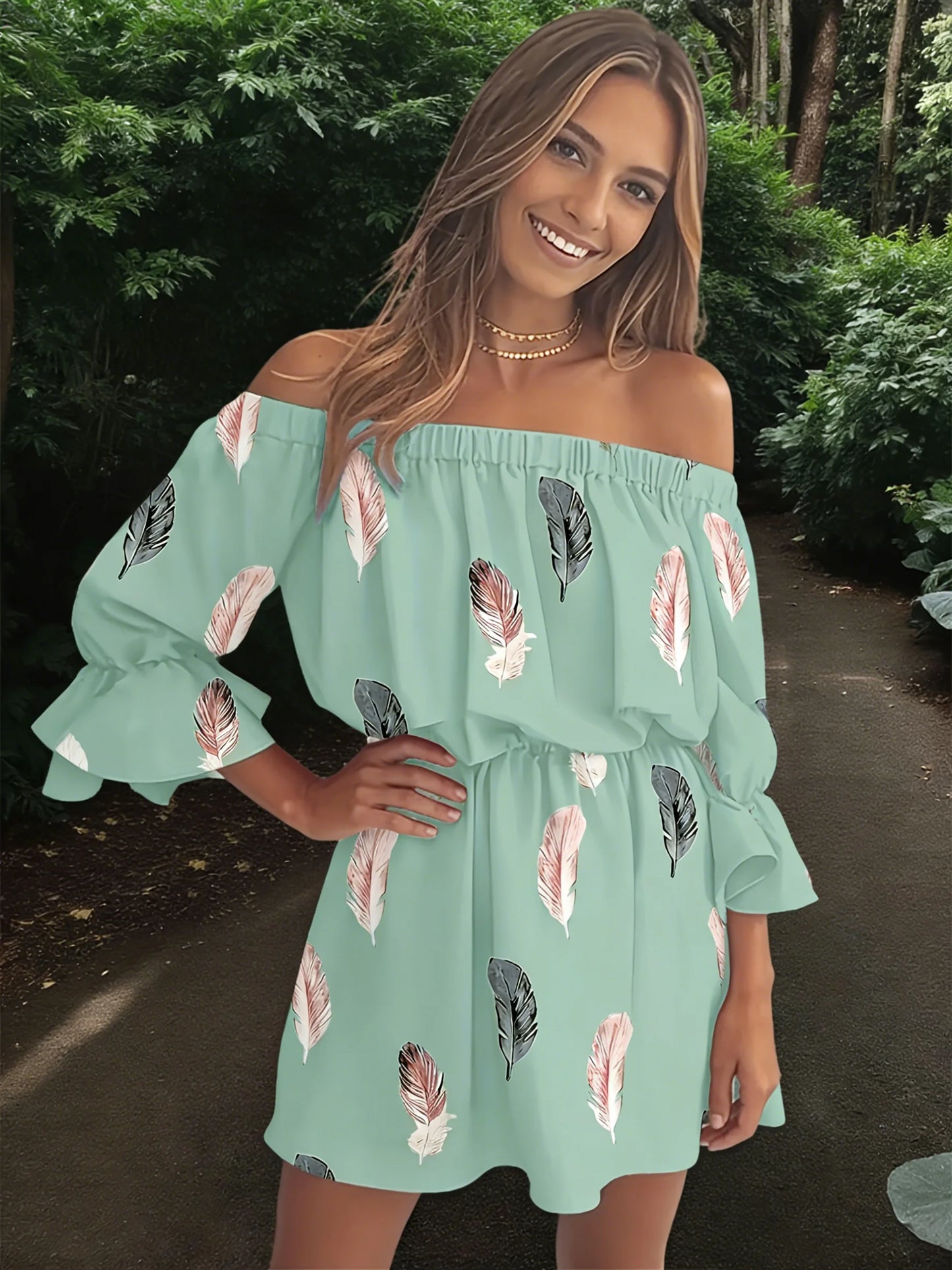 Off The Shoulder Chiffon Mini Dress With Feather Print Ruffle Sleeve Boho Loose Fit Summer Casual Dress