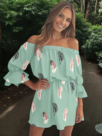 Off The Shoulder Chiffon Mini Dress With Feather Print Ruffle Sleeve Boho Loose Fit Summer Casual Dress