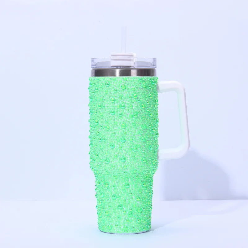Cross-Border New 40oz Pearl Drill Car Cup Handle Portable Stainless Steel Thermos Water Cup for Household Garage 1-Year Warranty
