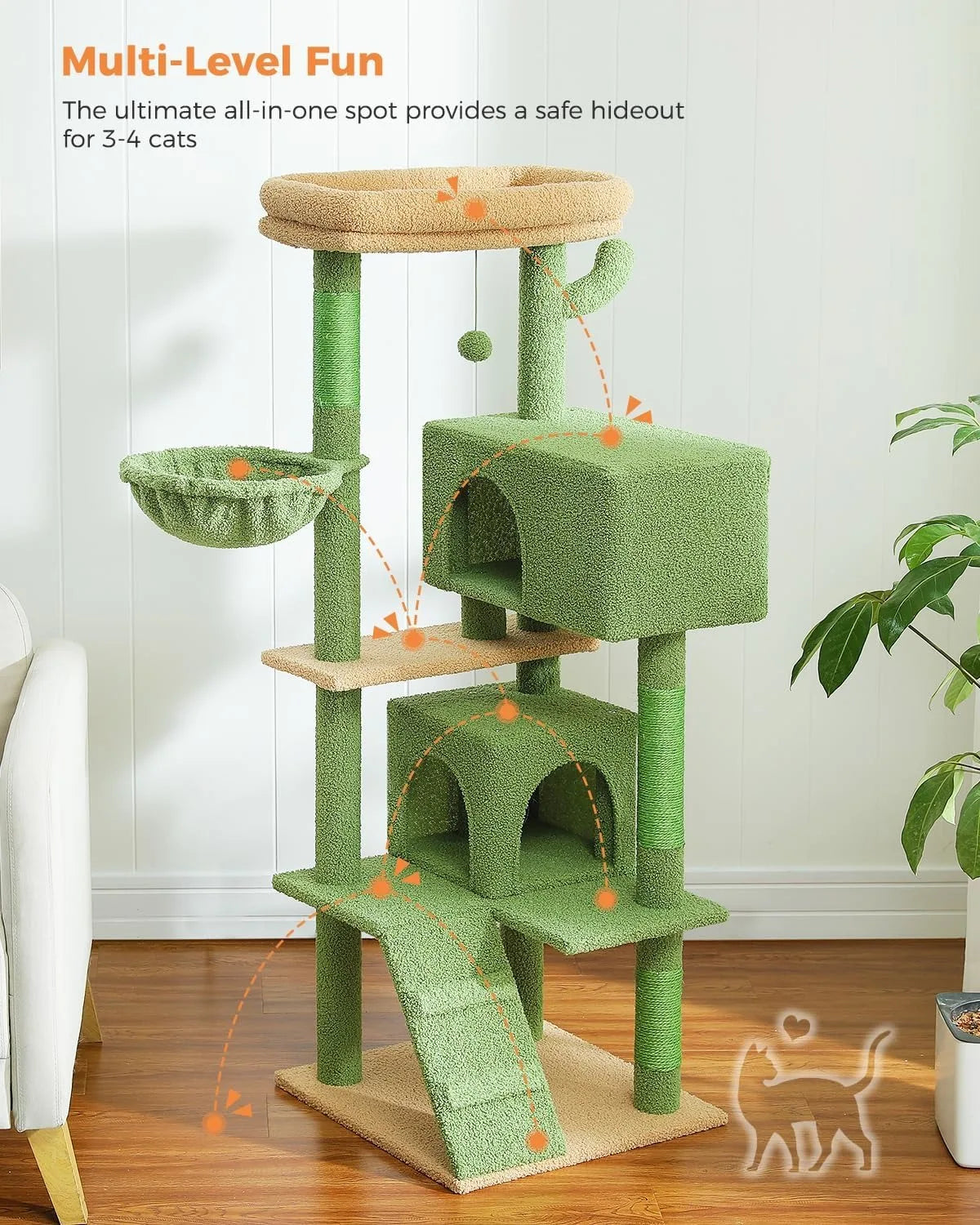 56.2" Multi-Level Cat Tower for Indoor with Hammock and Scratching Posts and 2 Condos Houses