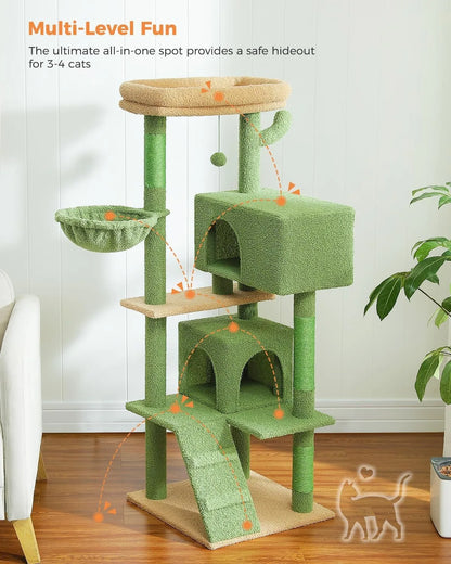 56.2" Multi-Level Cat Tower for Indoor with Hammock and Scratching Posts and 2 Condos Houses
