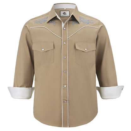 Men's Embroidered Western Cowboy Shirt Long Sleeve Regular Fit Casual Button Down Shirts with Pockets