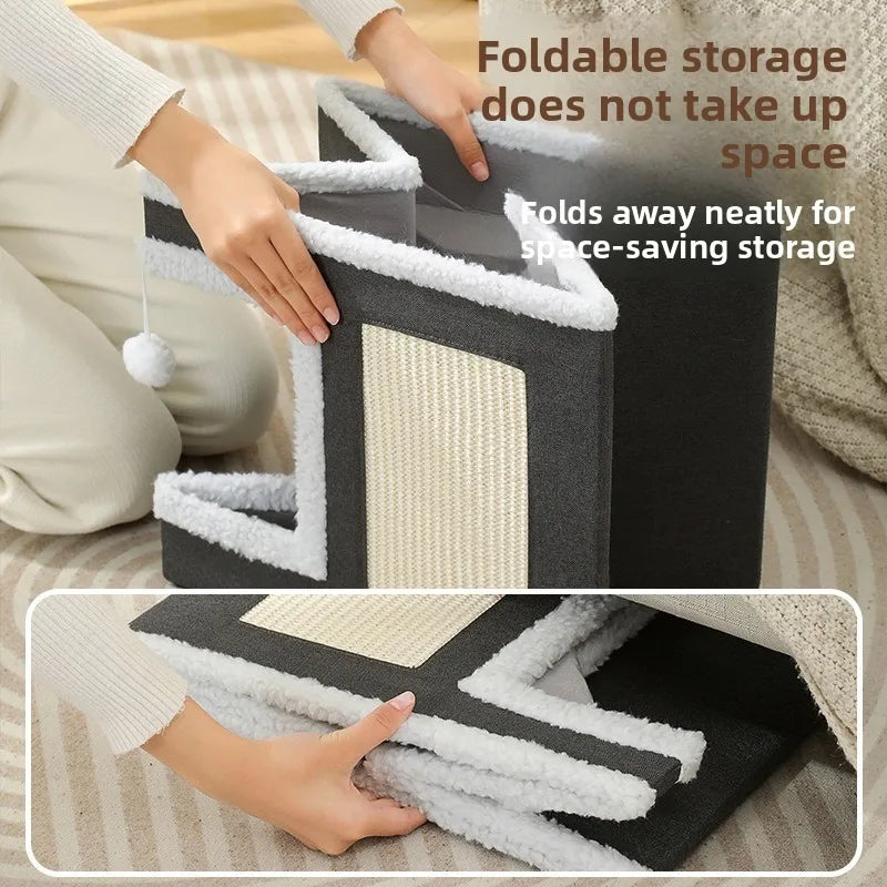 Cat Bed House Scratch Pad Foldable Square Design Solid Pattern Fashion Style Cat Cave Hideaway Cube Removable Washable Cushions