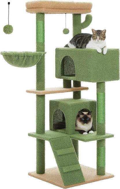 56.2" Multi-Level Cat Tower for Indoor with Hammock and Scratching Posts and 2 Condos Houses