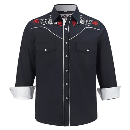 Men's Embroidered Western Cowboy Shirt Long Sleeve Regular Fit Casual Button Down Shirts with Pockets