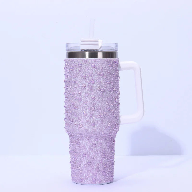 Cross-Border New 40oz Pearl Drill Car Cup Handle Portable Stainless Steel Thermos Water Cup for Household Garage 1-Year Warranty
