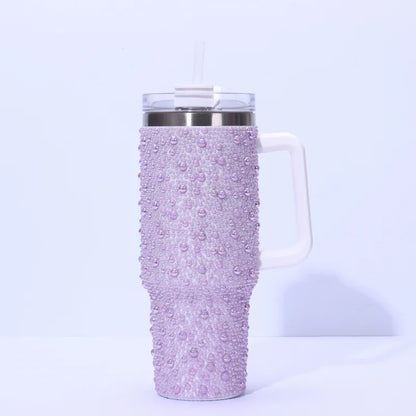 Cross-Border New 40oz Pearl Drill Car Cup Handle Portable Stainless Steel Thermos Water Cup for Household Garage 1-Year Warranty