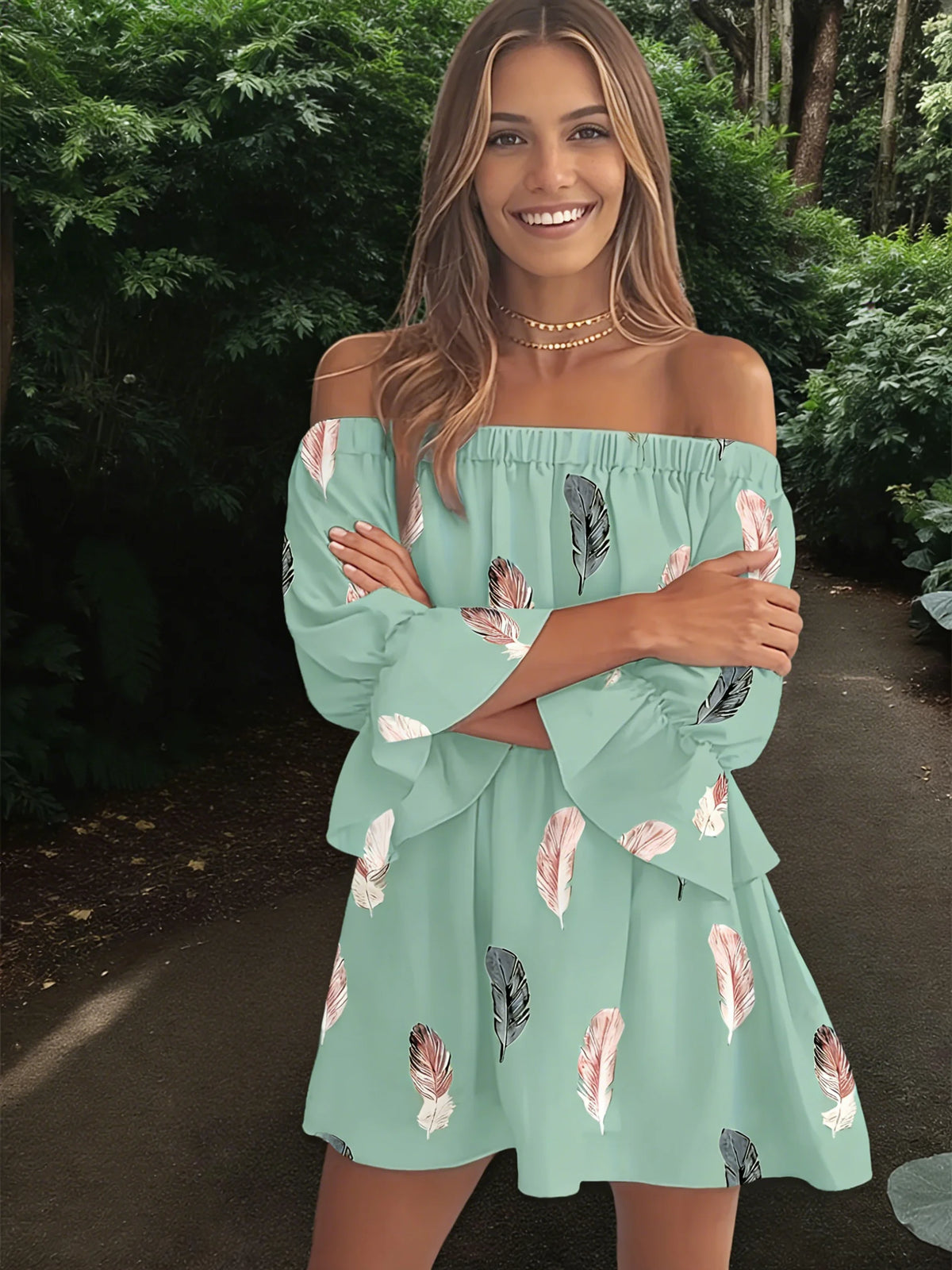 Off The Shoulder Chiffon Mini Dress With Feather Print Ruffle Sleeve Boho Loose Fit Summer Casual Dress