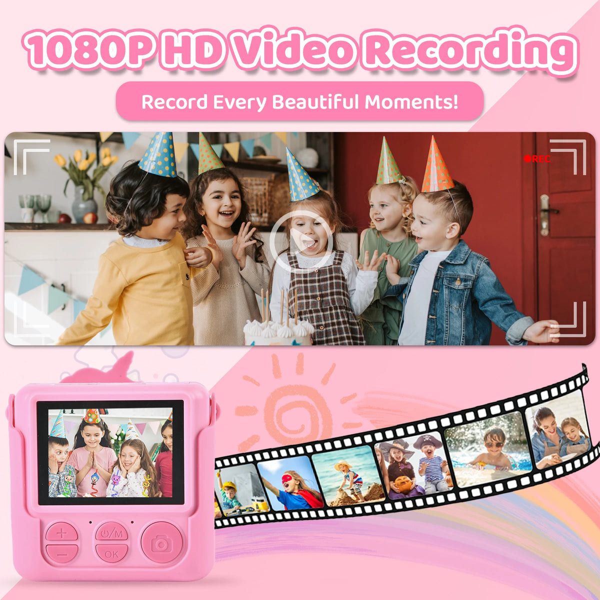 Kids Camera  Optical Zoom <10x Low Illumination Instant HD Mini Printer Children's Birthday Gift with a Casing and 32GB Card